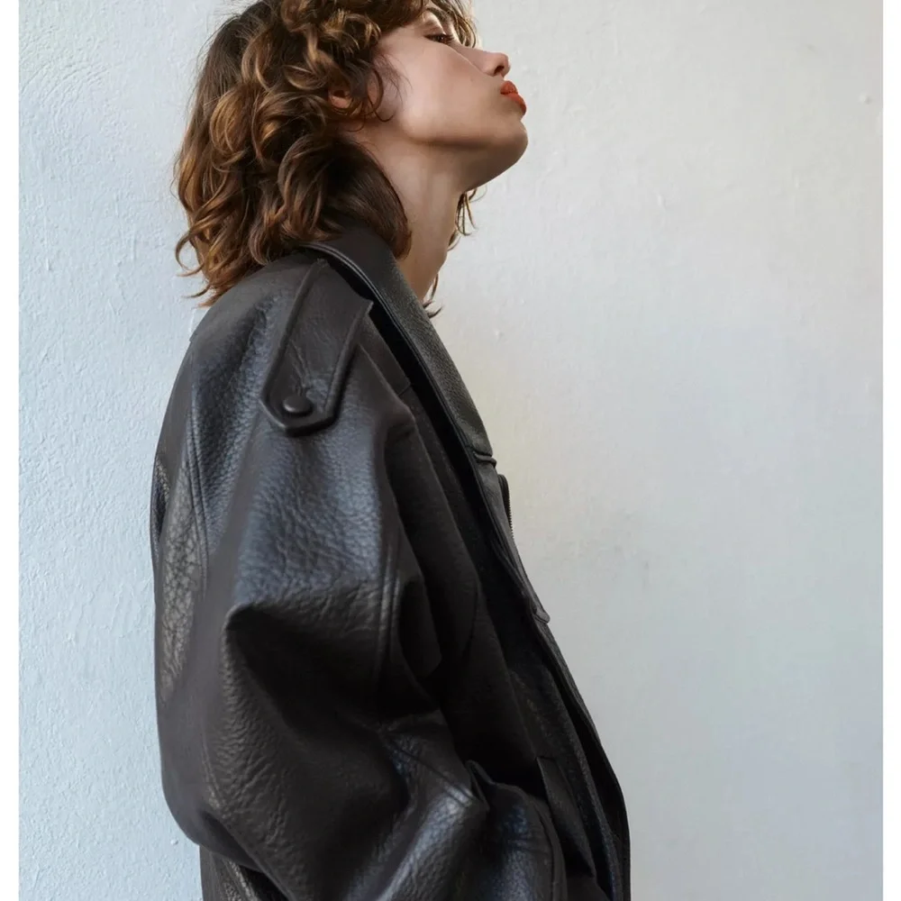 Viral Zara Black Faux Leather Funnel Neck Bomber Jacket - Picture 3 of 6